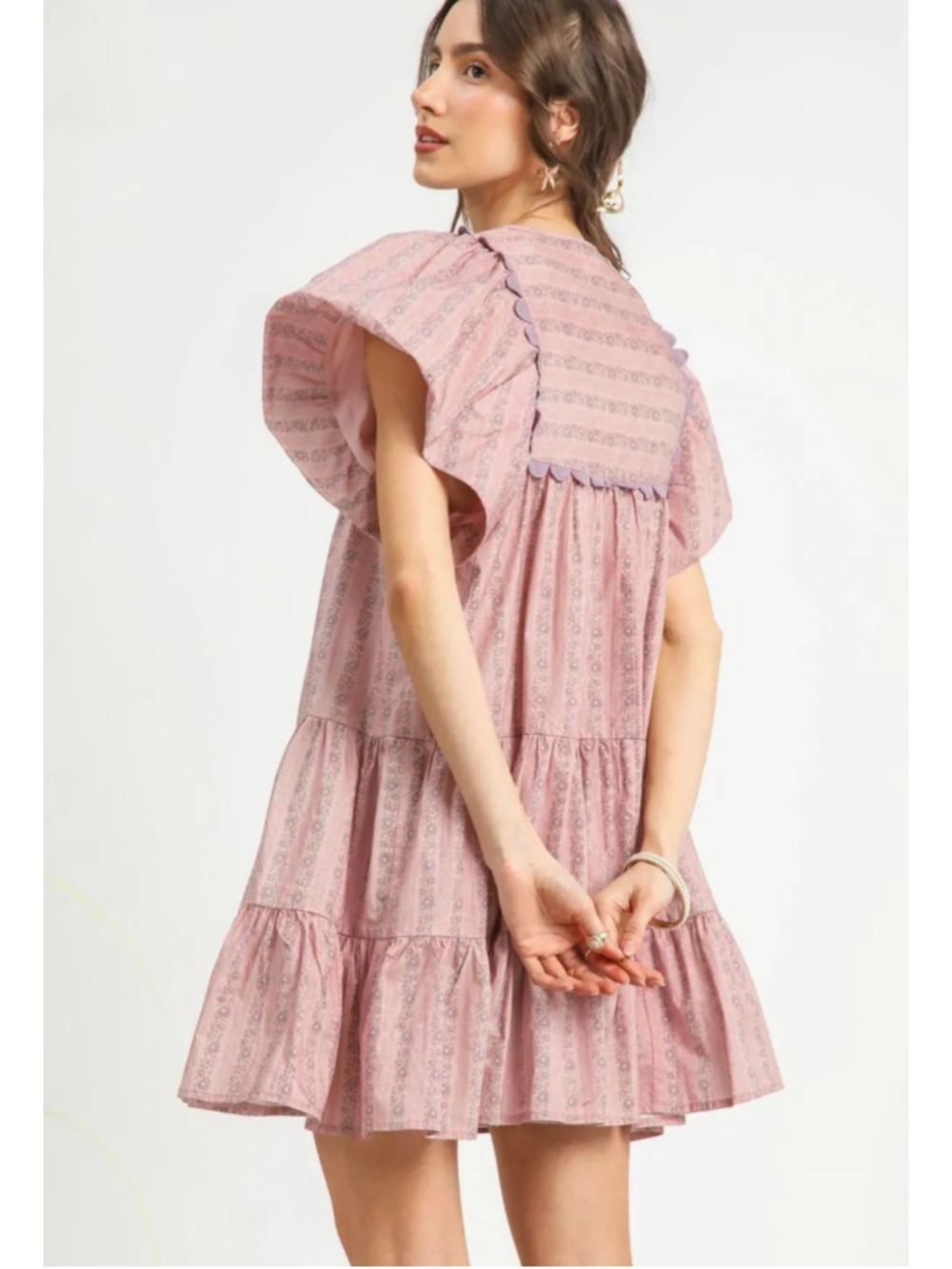 Umgee - Pink Yoke Flutter Sleeve Mini Dress | Cottage Core Boho Sz Small - Picture 2 of 8
